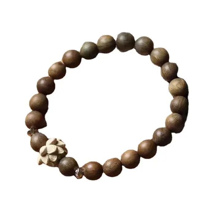 Bracelet Mala de prière en bois de santal avec perles de bois de pêche et de lotus pour homme et femme occasions spirituelles et quotidiennes