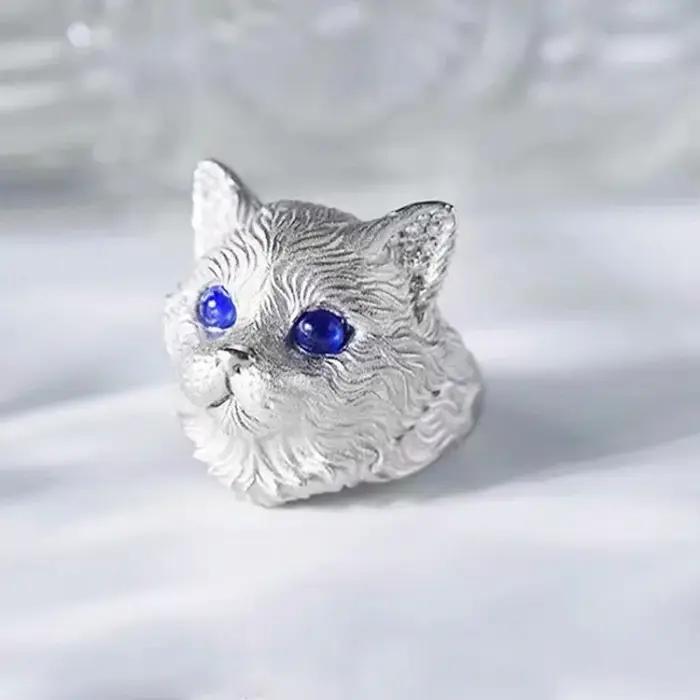 Bagues en forme de chat en relief camée pour femmes, design original à la mode, en argent 925, avec yeux bleus mignons, bijoux de banquet réglables