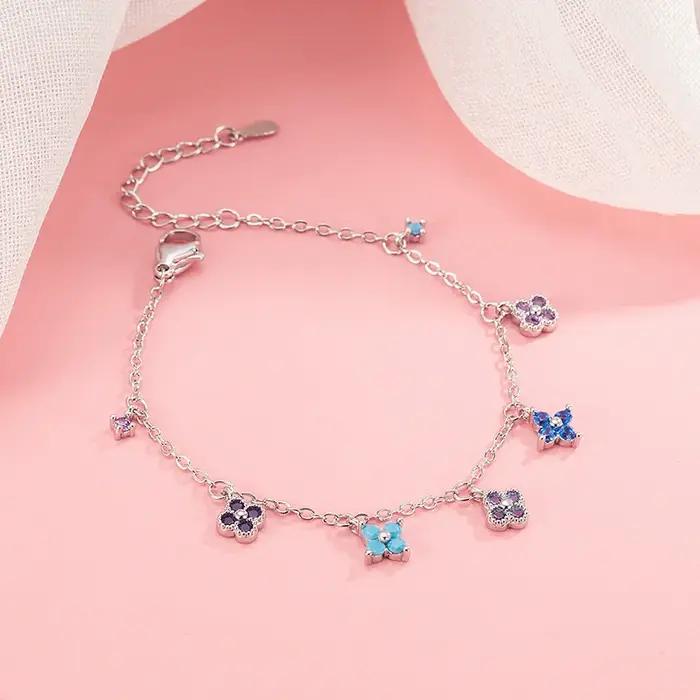Bracelet et Chevillère en Argent Sterling 925 Nouveau Trèfle à Quatre Feuilles Multicolore Diamant Scintillant Accessoires de Collier Cadeau Occasions Spéciales
