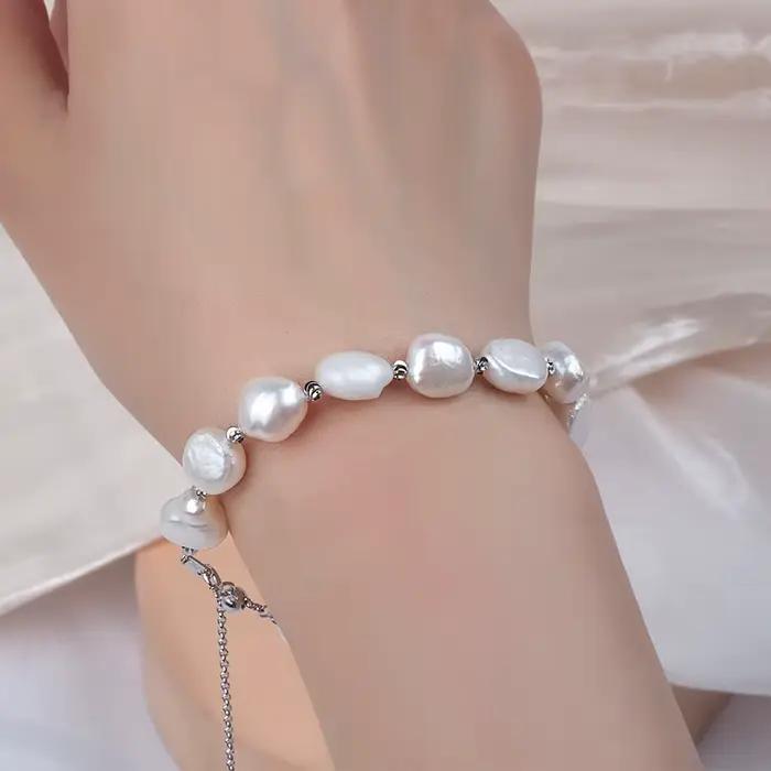 Bracelet en perles d'eau douce baroques et boutons plaqué argent pour femmes élégantes occasions spéciales cadeau original