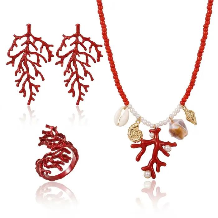 Ensemble collier et boucles d'oreilles asymétriques en corail rouge surdimensionné pour femme – Acce