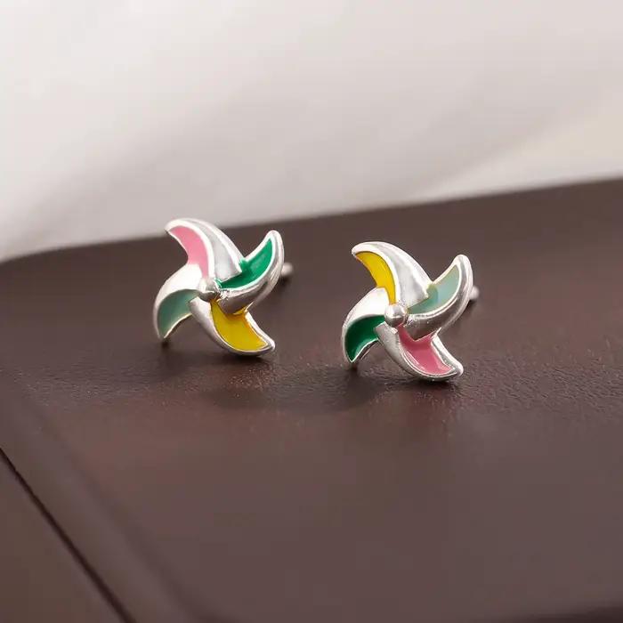 Fashiona Simple Compact 925 Sterling Silver Jewelry Colorful Windmill Temperament Sweet Stud Earring