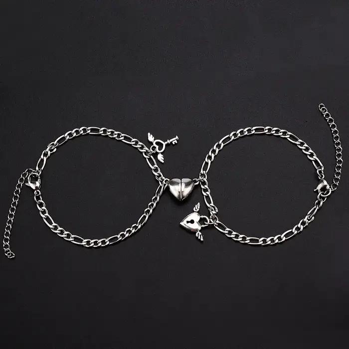 Mode argent couleur amour coeur aimant boucle Couple Bracelets pour femme