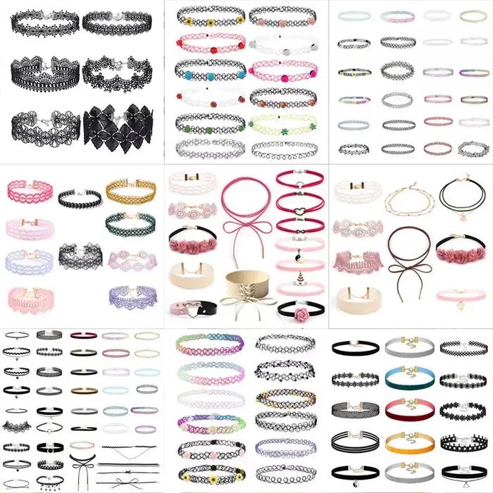 Collier en dentelle coloré pour femmes avec nœud en velours et perles, accessoire de mode pour filles, bijoux de cou, colliers ras du cou