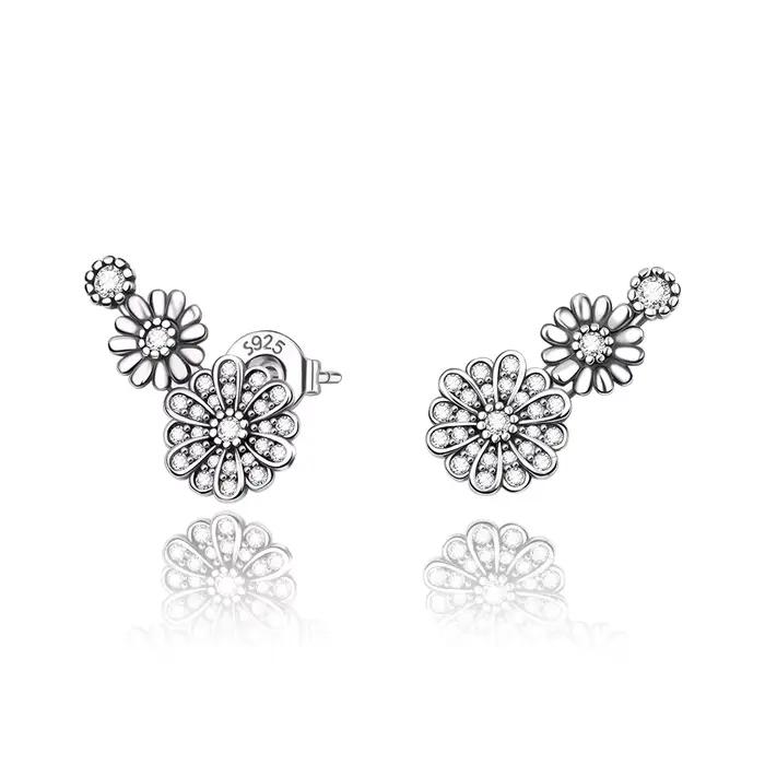 Boucles d'oreilles clous délicates trois marguerites en argent 925, pavées de cristaux de zircon, bi