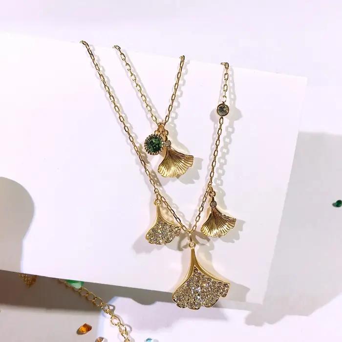 Original 2025 élégant vert cristal ensemble de bijoux fins pour les femmes or en forme d'éventail petite feuille collier boucles d'oreilles Bracelets bagues
