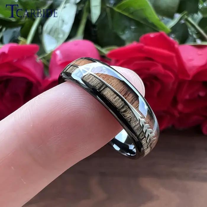 Bague en carbure de tungstène 6MM 8MM pour hommes et femmes avec incrustation double bois et flèche en acier
