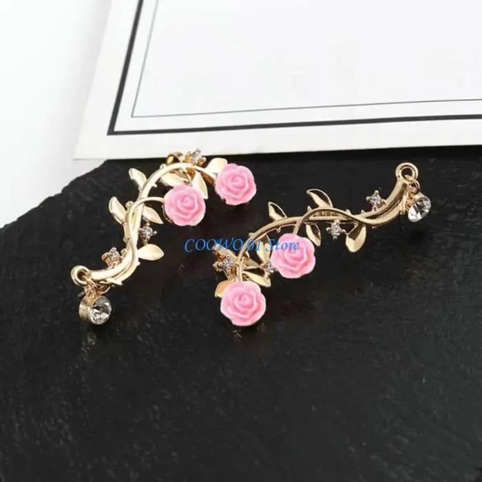 Boucle d'oreille Rose F19D, manchette élégante, fleur, Piercing, pour femmes, cadeau