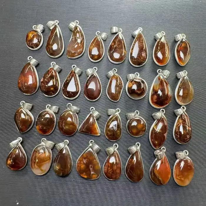 Pendentif Collier en Argent 925 avec Agate de Feu Naturelle et Pierre Précieuse Aléatoire