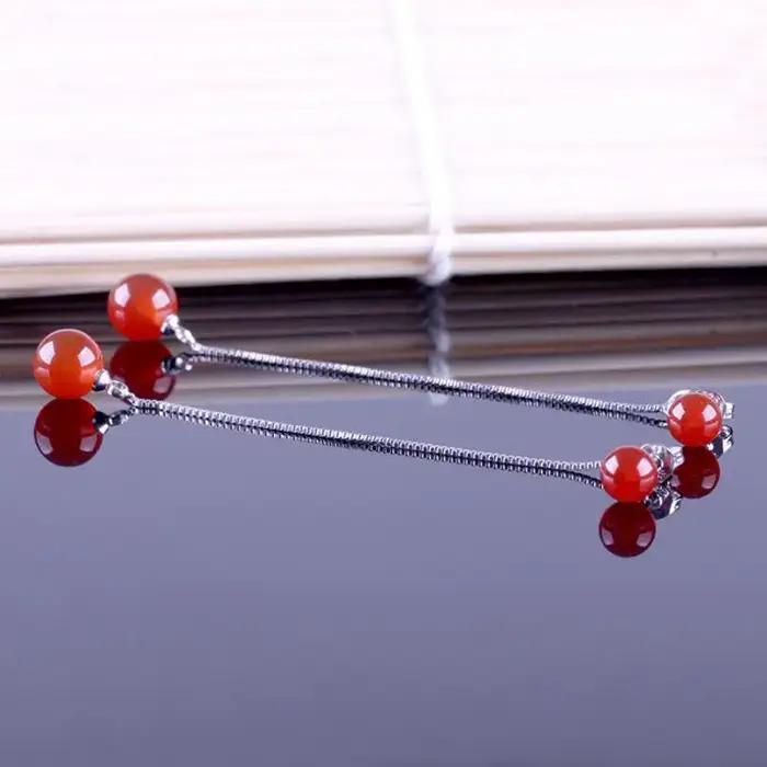 Boucles d'oreilles en argent regardé 925 noir et rouge IkLong Tassel JOEar Line Stud