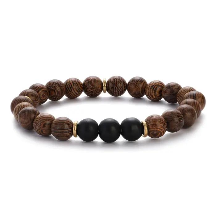 Bracelet ethnique tibétain en bois naturel pour hommes et femmes, 8mm, pierre noire de méditation, f