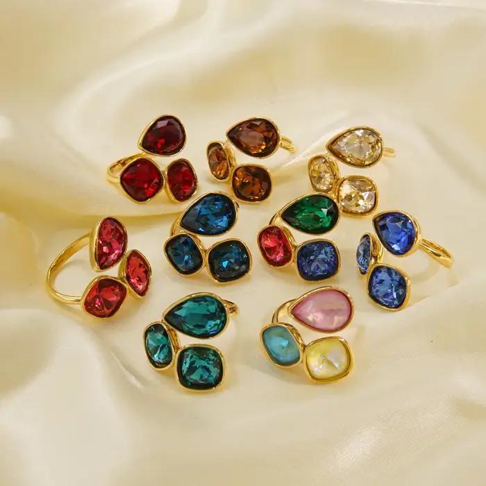 CARLIDANA bijoux de mode anneaux ouverts plaqué or 18 carats en acier inoxydable Simple multicolore bague en cristal