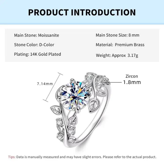 Bague de fiançailles Rrjzz Solitaire 2CT en moissanite ronde taille D couleur VVS1, certifiée, imita
