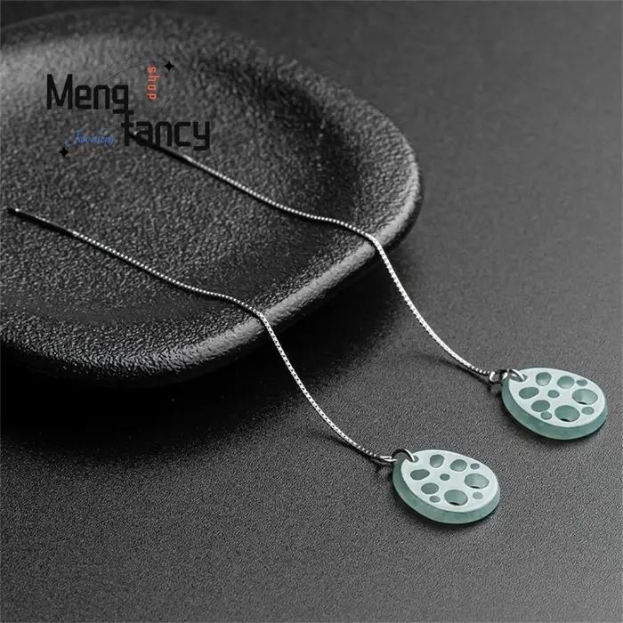 Boucles d'oreilles en jadéite naturelle avec fil d'oreille en argent S925, style ancien personnalisées pour femmes, bijoux à la mode pour occasions spéciales