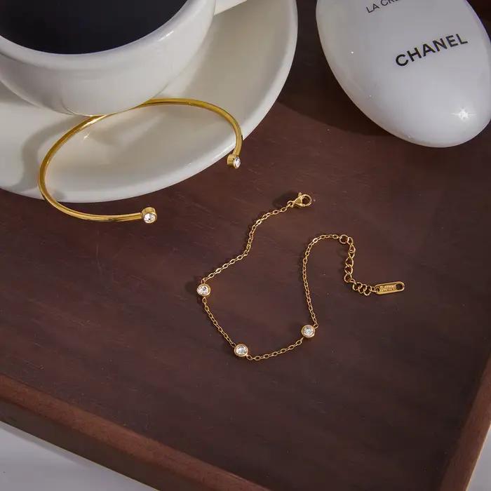 Zora 2 pièces/ensemble Bracelet chaîne en zircon Bracelet ouvert pour femmes Plaqué or 18 carats Bracelet en acier inoxydable Bracelet de mode Bijoux cadeau