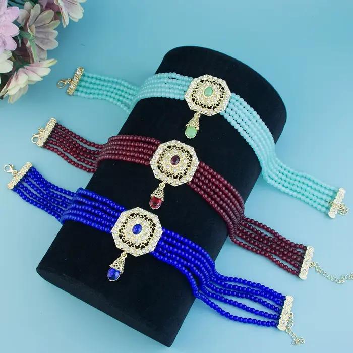 Collier ras du cou en perles marocaines pour femmes, bijoux de mariage de mariée arabe, pendentif en cristal de couleur or