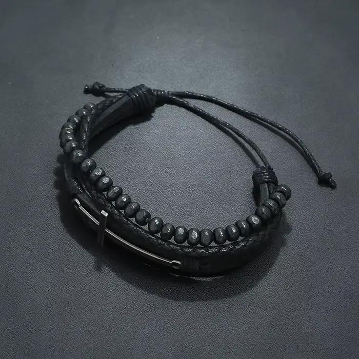Bracelet rétro à couche croisée pour hommes, Punk noir, cuir de vache tissé à la main, perles réglables, accessoires, bijoux chrétiens