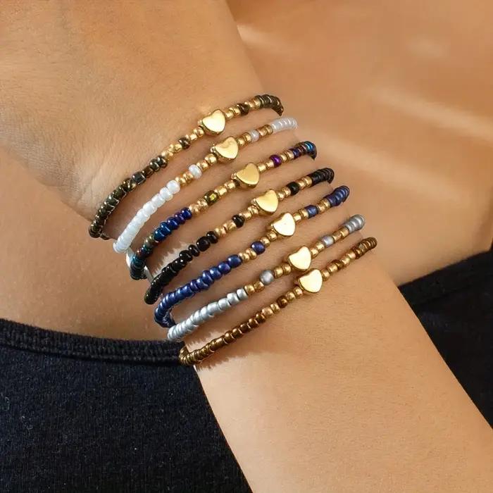 7 pièces bohême fait à la main aléatoire perles colorées Bracelets pour femme élastique