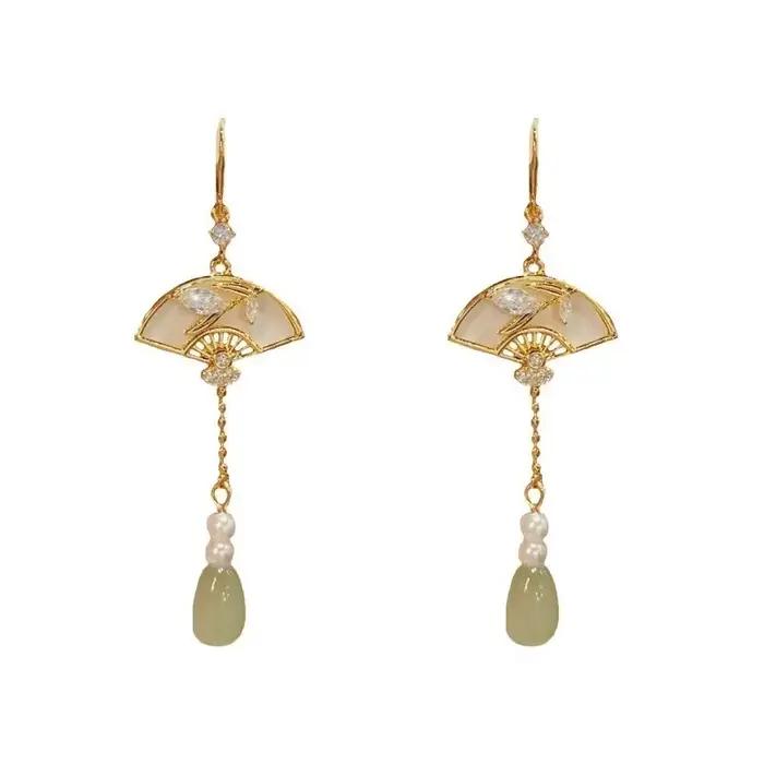 Boucles d'oreilles longues à pampilles en forme d'éventail pour femmes