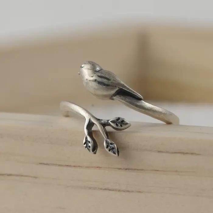 Bague ouverte réglable en argent Sterling 925 sertie d'un oiseau de compagnie ethnie pour femmes occasions festives et cadeaux spéciaux