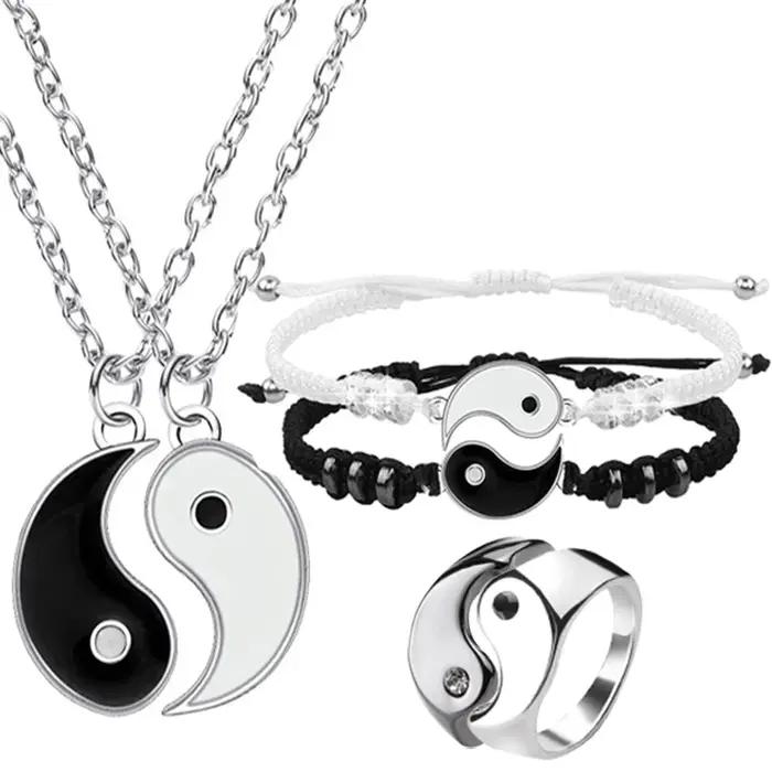 Couple Bracelets anneaux Yin Yang Tai Chi alliage pendentif réglable tresse chaîne collier correspondant amant Bracelet