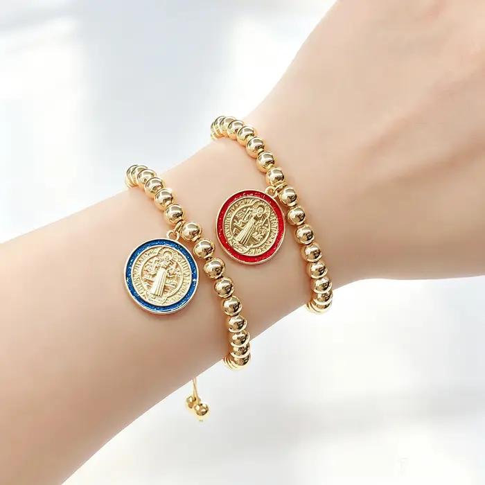 Nouvel Arrivage Bracelet de perles en cuivre avec médaille ronde Saint Benoît en émail