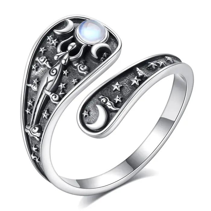 Bague Ajustable en Argent Sterling 925 Triple Lune Goddess Hecate Pierre de Lune Amulette Cuillère Vintage Bijoux Cadeau Femme Occasions Spéciales