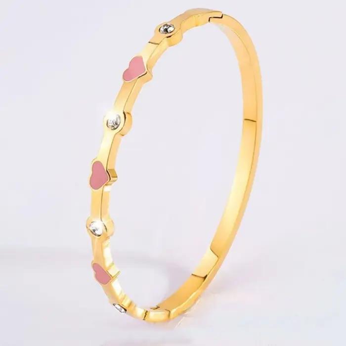 Bracelet empilable classique en acier inoxydable avec incrustation de zircon rose et design cardioïde pour couples