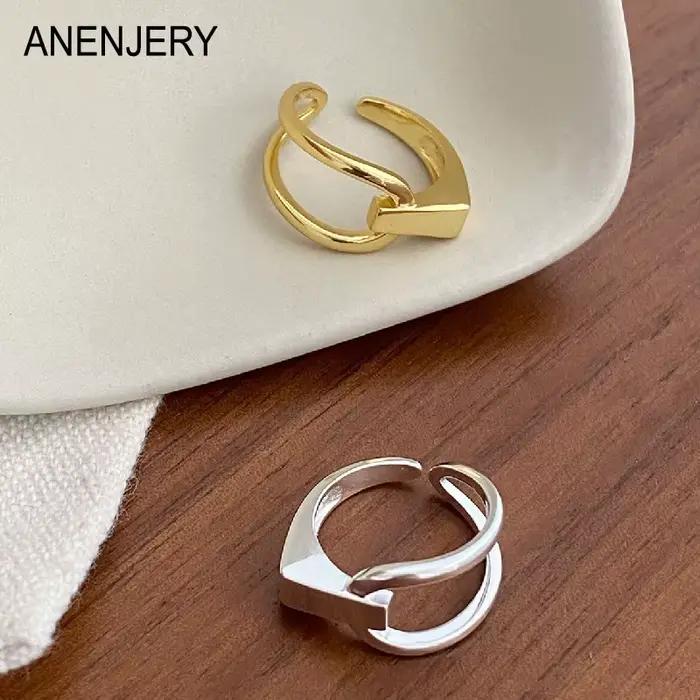 ANENJERY – bague géométrique pour femmes, anneau à ligne asymétrique lisse, Goden français, couleur argent, accessoires assortis