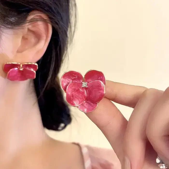LATS rouge bleu émail fleur boucles d'oreilles pour femmes mode coréenne cinq pétales cristal fleuri belle filles mignonnes décoration d'oreille