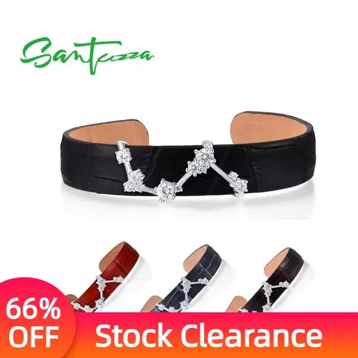 Bracelet en argent sterling 925 et cuir véritable ajustable pour femmes, bracelet constellation zirconium rouge noir bleu marron occassionnels elegance
