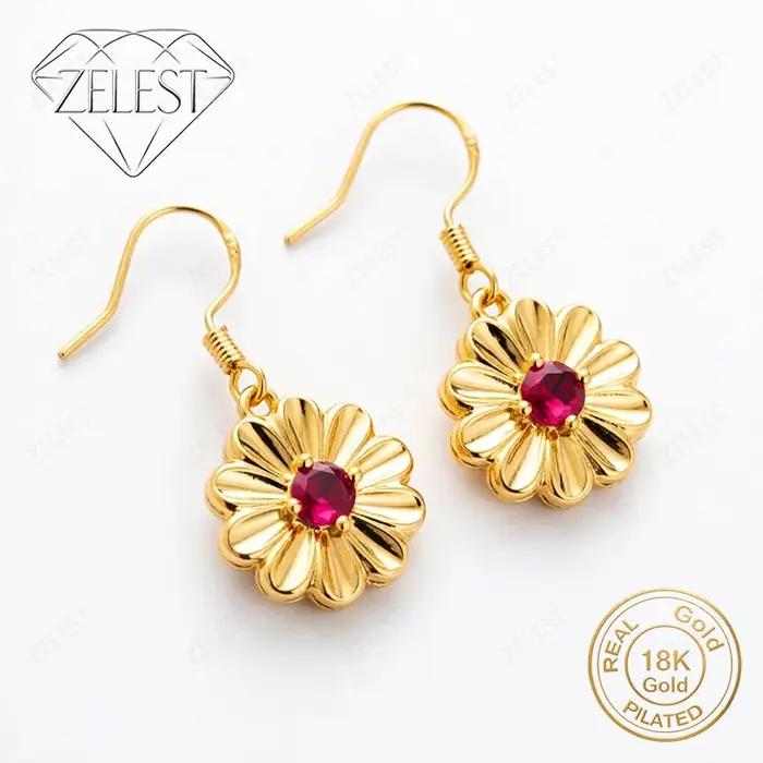 Boucles d'oreilles exquises en argent sterling 925 plaqué or 18 carats avec zircon rouge marguerite pour femmes, accessoires de bijoux glamour pour fêtes et cadeaux