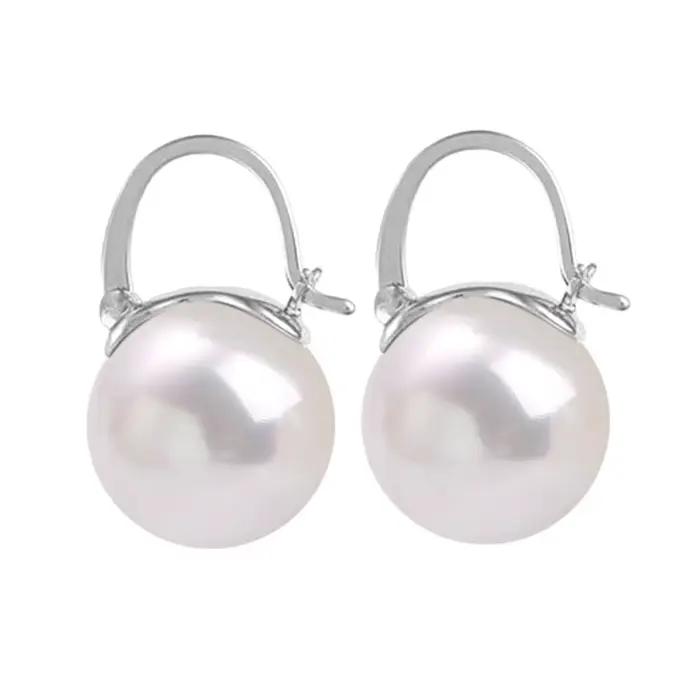 Boucles d'oreilles en argent regardé S925 pour femmes, bijoux ronds, fils d'oreille en pierre de per