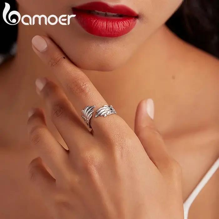 Bamoer 925 en argent Sterling ailes de gardien anneau ouvert aile d'ange réglable bague pour les femmes mode déclaration bijoux SCR512
