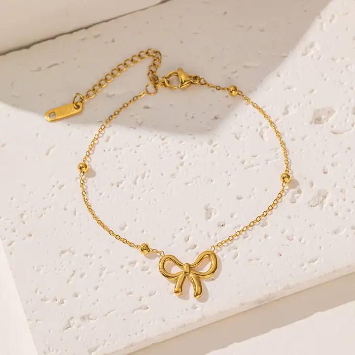 Bracelet à nœud papillon élégant pour femmes et filles, chaîne de perles, bijoux en acier inoxydable, cadeaux