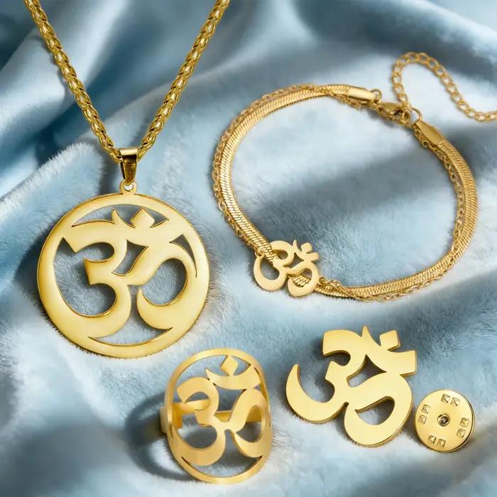 Ensemble collier et bracelet Dawapara Aum Om Ohm avec symboles sanskrits, pendentifs de guérison hindoues, bijoux spirituels en acier inoxydable