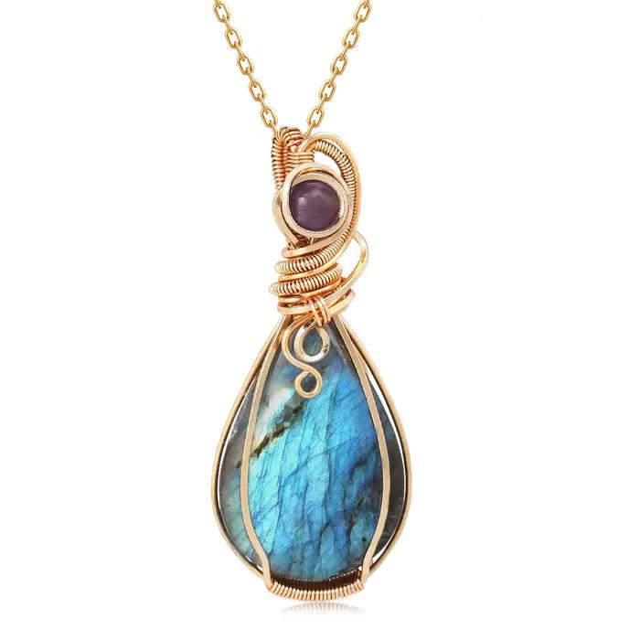 Collier en pierre Labrador, pendentif en pierre précieuse, fil de cuivre enveloppé, bijoux en Labrad
