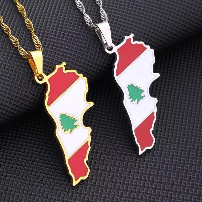 Collier pendentif carte du Liban et drapeau, en acier inoxydable, pour hommes et femmes, bijoux carte de la République libanaise, cadeau