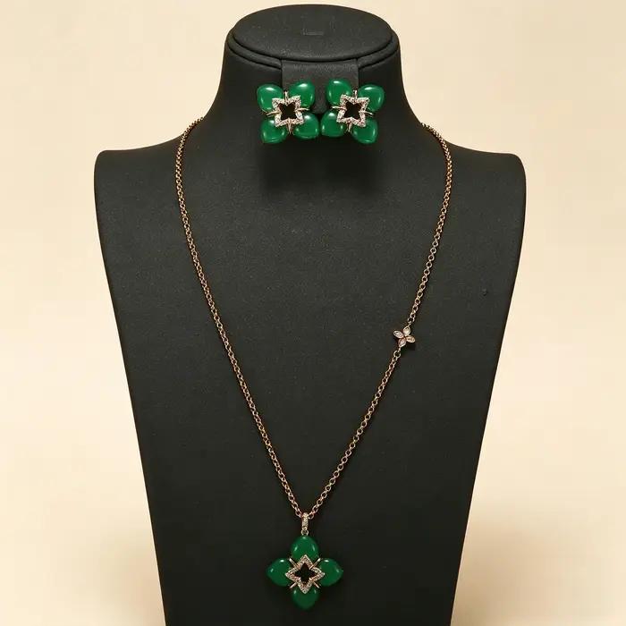 Elegant Four-Leaf Clover Mother of Pearl CZ Necklace & Earring Set Rose Gold Plated Stackable Jewelry for Women Daily Wear Datin