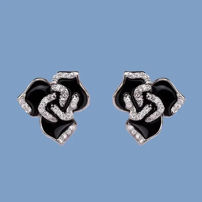 Boucles d'oreilles pendantes fleur en argent 2024 pour femmes, bijoux en émail faits à la main, noir