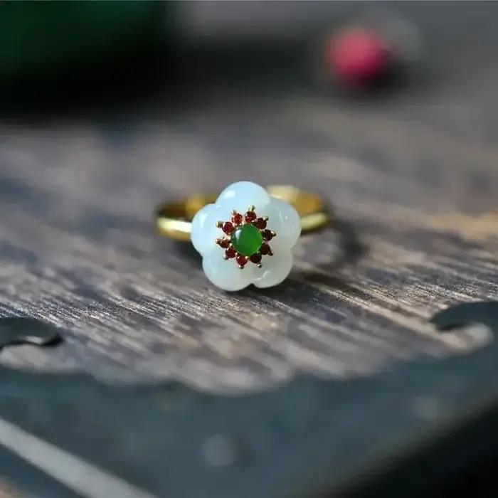 Anneaux de fleur de Jade blanc, bijoux à breloques réelles, bague réglable en argent 925 pour femmes