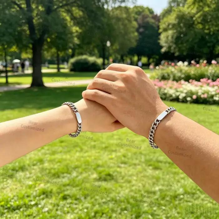Bracelets de couple personnalisés avec nom gravé, en acier inoxydable plaqué or, chaîne épaisse pour la main, cadeau personnalisé pour les amoureux, hommes et femmes