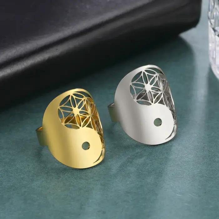 Skyrim Yin Yang fleur de vie bague pour femmes en acier inoxydable couleur or anneaux géométriques réglables Vintage amulette bijoux cadeau
