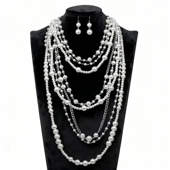 Collier élégant en fausses perles, collier superposé de luxe perlé, ensemble de boucles d'oreilles v
