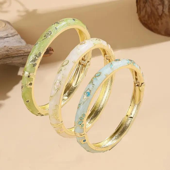 Bracelet en émail cloisonné pour femmes, style ethnique vintage, ensemble de 3 pièces, fleurs délicates, cadeau élégant pour occasions spéciales