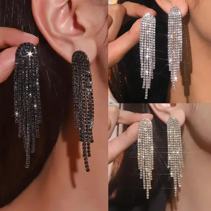 FYUAN mode longue gland boucles d'oreilles pour femmes noir or argent couleur strass balancent boucle d'oreille bijoux de fête de mariage