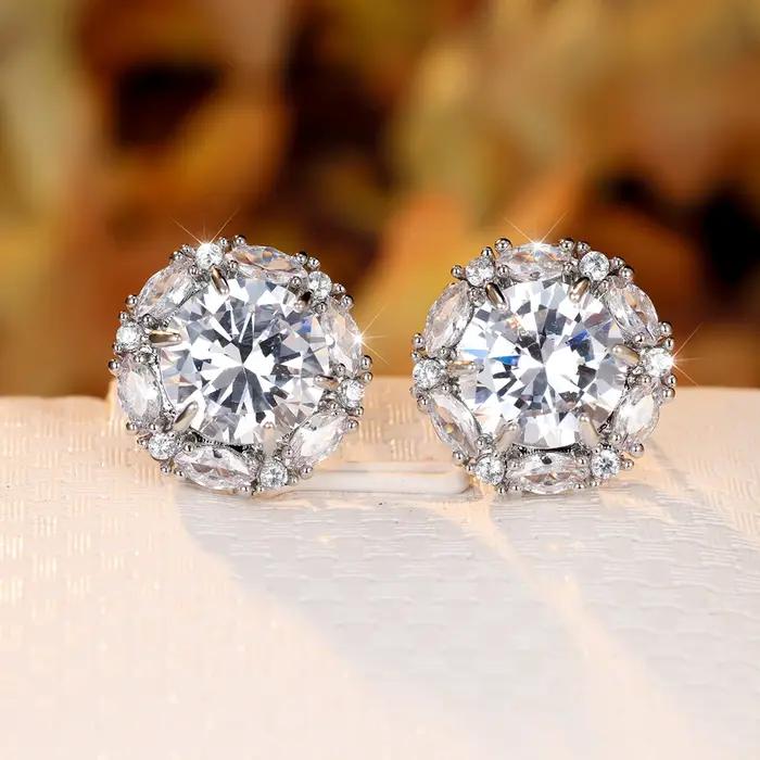 Boucles d'oreilles rondes en pierre bleu Royal pour femmes, couleur argent, Zircon blanc, clous d'or