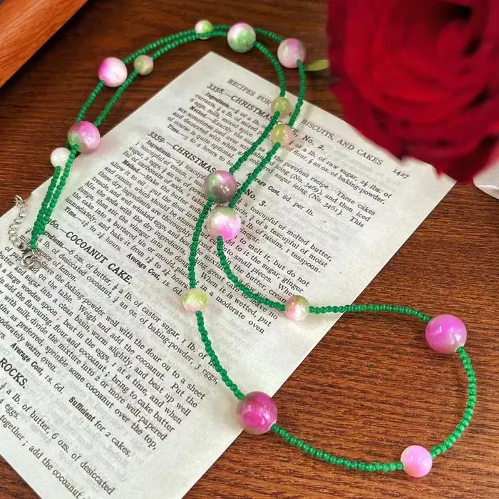 Collier Long élégant en Jade vert et pierres précieuses roses pour femmes