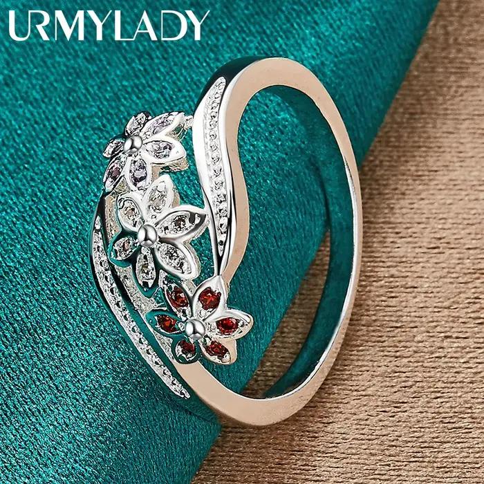 URMYLADY – bague en argent Sterling 925 pour femmes, fleur en Zircon rouge, breloque de mariage, bij