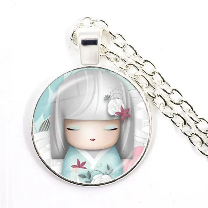 Collier pendentif visage de fille japonaise pour femme, cabochon en verre breton, cadeau de bijoux a